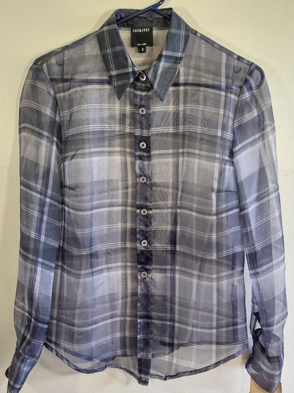 Vintage Catalyst Semi Sheer Plaid Blouse Size 6 Grey Metallic USA Euro Femme